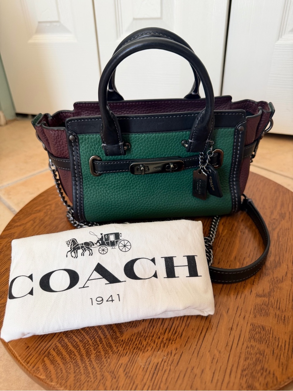 Coach Mini Satchel in Green, Black & Burgundy
